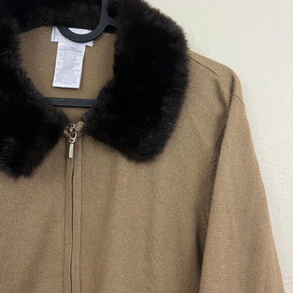 beige vintage 90s girly downtown it girl knit zip up sweater w/ faux fur collar - Picture 4 of 8
